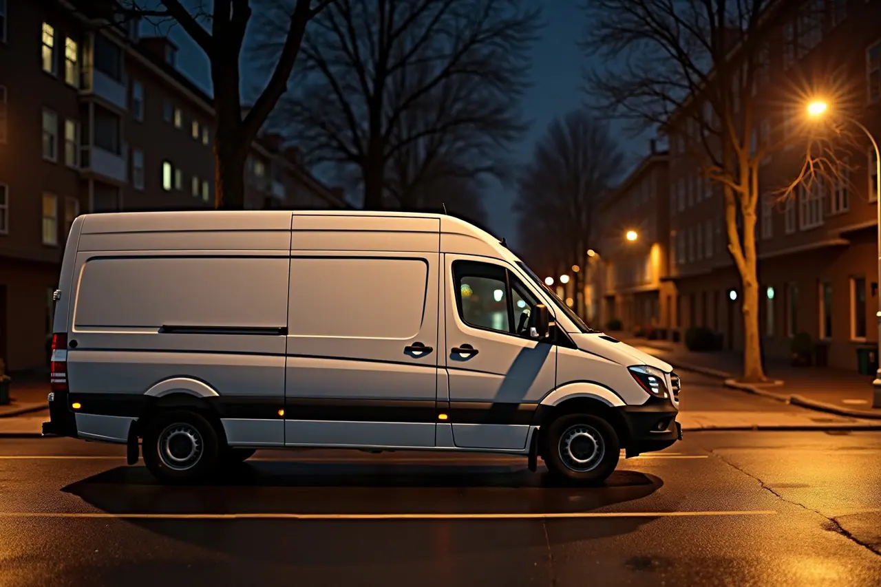 Gece ıslak bir sokakta yol alan servis aracı